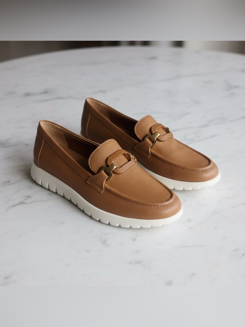 Women’s Tan Leather Loafers with Gold Accent